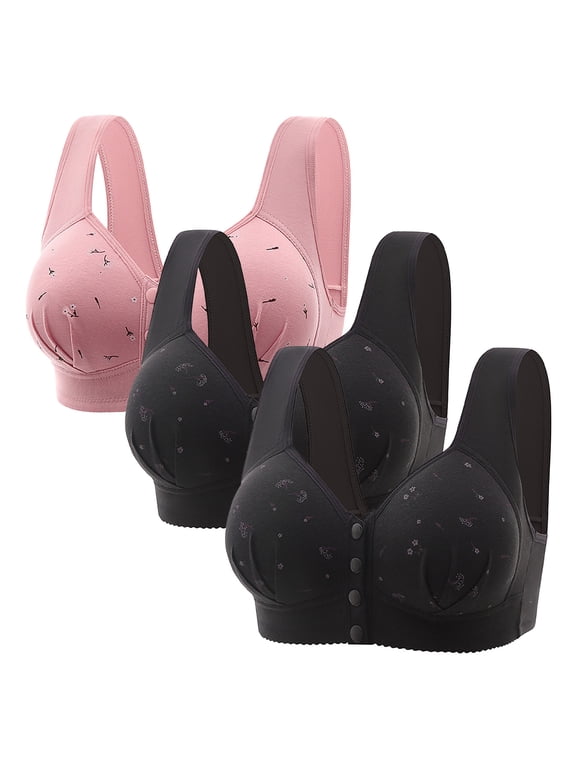 3 Pack Wireless Front Closure Bras for Women Daisy Bras for Older Women Push Up Bra Mastectomy Bralettes Padded Bras for Women Front Clasp Front Button Senior Comfort Bras Black 52