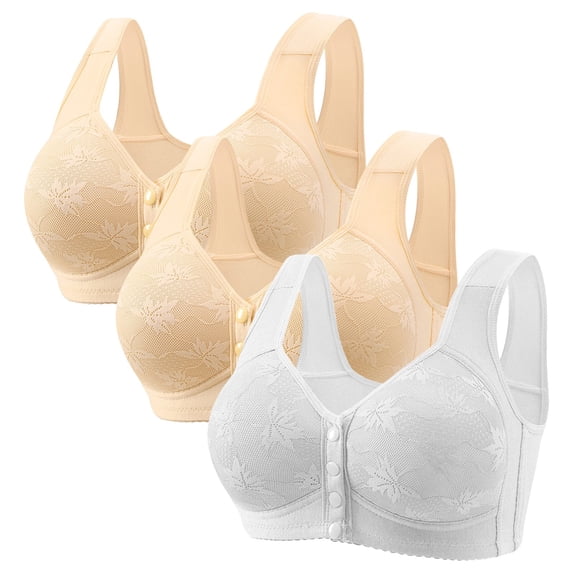 iHPH7 3 Pack Wireless Front Closure Bras for Women Floral Print Breathable Bras for Women Wireless Bras Front Button Front Clasp Supportive Convenient Bralettes Snap Closing Bra Beige L