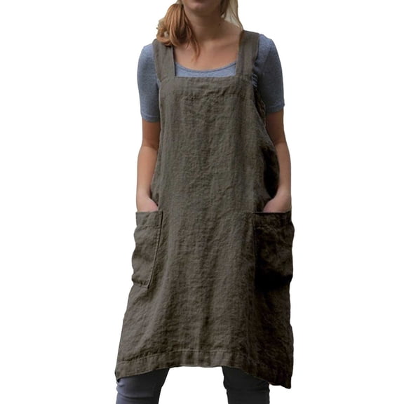 iHPH7 Aprons for Women with Pockets, Cotton Linen Apron for Women, Cross Back Apron Pinafore Dress, Gardening Apron, Green 1 XL