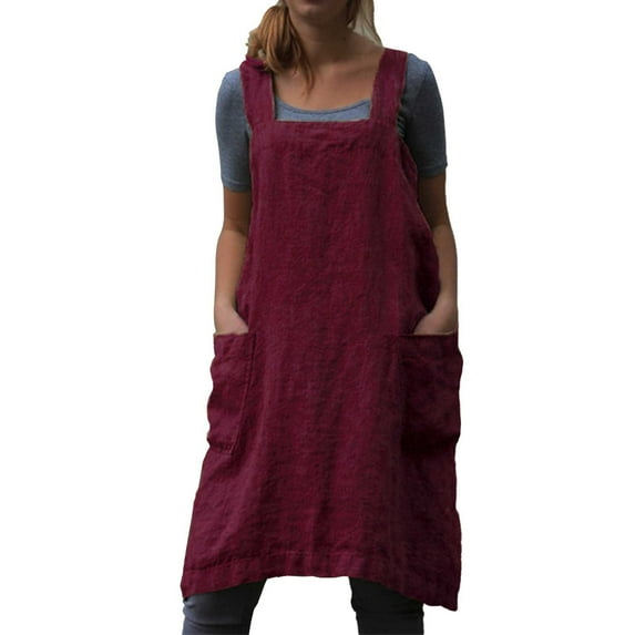 iHPH7 Aprons for Women with Pockets, Cotton Linen Apron for Women, Cross Back Apron Pinafore Dress, Gardening Apron, Red XL