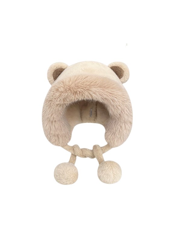 Bear Hat Fuzzy Beanie Winter Cap Warm Hats for Women Fuzzy Hat Russian Hat Faux Fur Hat Beige One Size