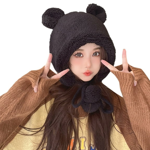 iHPH7 Bear Hat Winter Hats for Women Cold Weather Russian Hat Fuzzy Hat Beanie with Pom Fuzzy Beanie Ear Warmers Black One Size