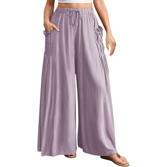 iHPH7 Boho Pants for Women Elastic Waist Pants for Women Womens Fall Pants Baggy Pants Drawstring Pants Women Wide Leg Trousers Women Flowy Pants for Women Light Violet S