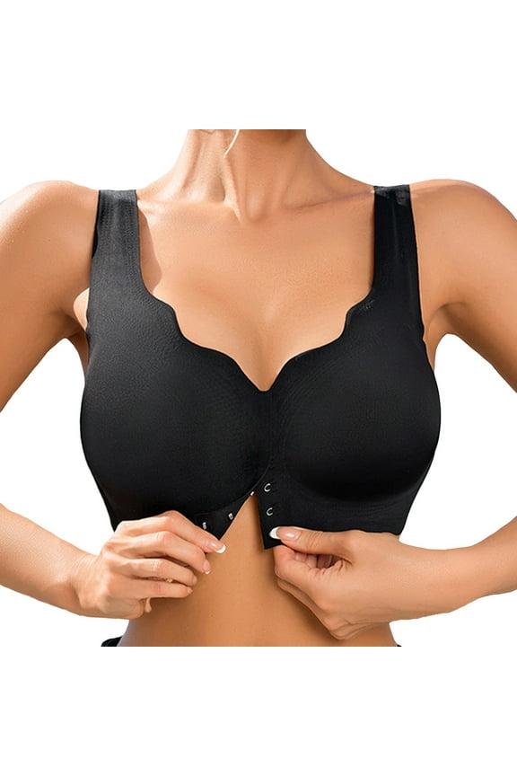 Bra Front Closure for Women Floral Print Bras for Seniors Back Support Posture Bra No Underwire Daisy Bras for Older Women Front Open Bras for Women Soft Black L