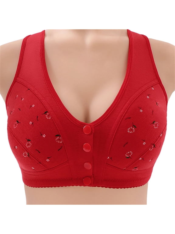 Bras for Women Front Closure Floral Print Comfort Convenient Padded Bras for Women Front Clasp No Underwire Push Up Bra Daisy Bras for Older Women Front Button Red 6XL
