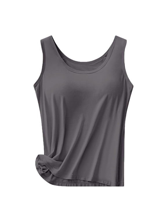 Built in Bra Tank Scoop Neck Relaxed Fit Wireless Support Camisoles Basic Layering Casual Summer Lounge Sleepwear Stretchy Everyday Apparel Dark Gray XXL