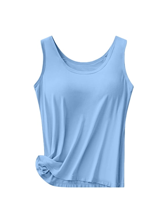 Built in Bra Tops for Women Scoop Neck Relaxed Fit Wireless Support Basic Layering Casual Summer Lounge Workout Top Stretchy Everyday Tops Blue XL