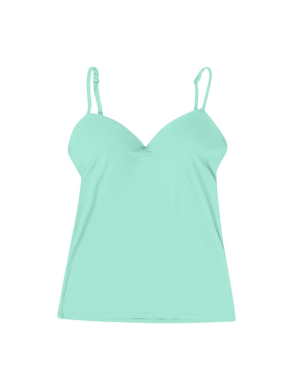 Cami with Built in Bra Seamless V Neck Basic Top Adjustable Spaghetti Strap Wireless Layering Shirt Casual Summer Lounge Camisole Stretchy Comfort Fashion Mint Green L
