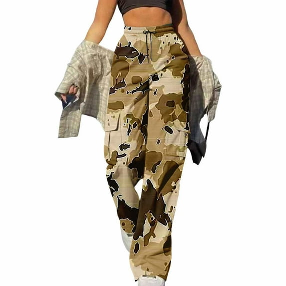 iHPH7 Camo Pants Women Trousers Pants for Women Drawstring Pants Women Baggy Cargo Pants Women Elastic Waist Pants for Women Athletic Pants for Women Cargo Pants Women Coffee M