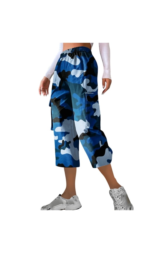 Capri Pants for Women, Camouflage Pants for Women, Cargo Capris for Women, Hiking Pants Women, Pull On Capris for Women, Blue L