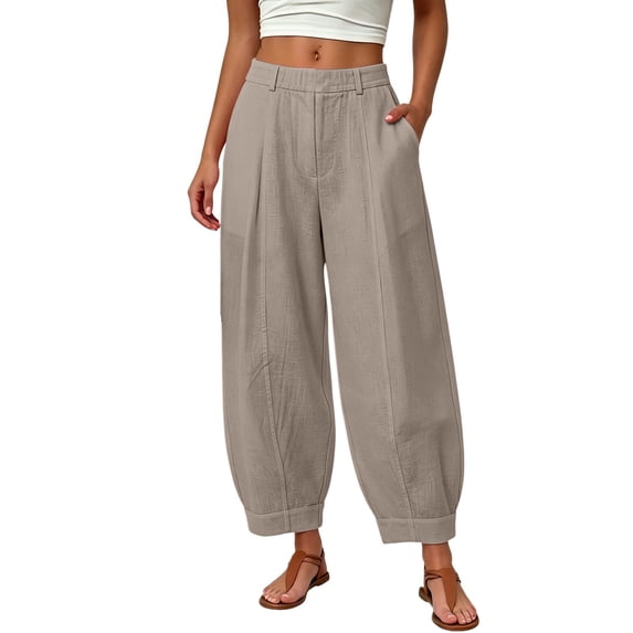 iHPH7 Casual High Waist Barrel Pants Tapered Hem Cotton Linen Baggy Lantern Trousers for Women with Pockets Summer Boho Beach Lounge Wear Khaki L