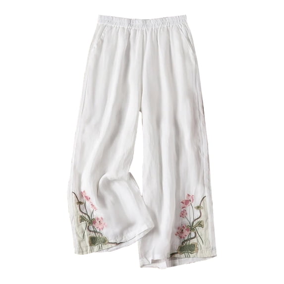 iHPH7 Casual Women's Linen Pants Embroidered Wide Leg Cropped Elastic Waist Flowy Breathable Trousers for Summer and Beach Linen Outfits Women (M-4XL)