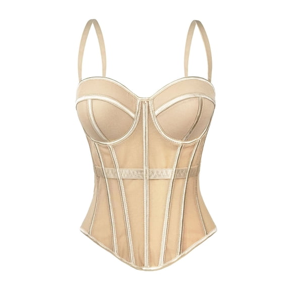iHPH7 Chic Sheer Mesh Boned Corset Top Women's Spaghetti Strap Bustier Shapewear Evening Party Outfit Push Up Underwire Top Beige S