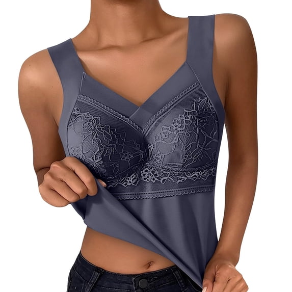 iHPH7 Cooling Ice Silk Wireless Tank Top with Built-in Bra Pads for Women, Lace Detail V-neck Cami Bralette, Soft Breathable Supportive Sleep Lounge Vest Gray 4XL