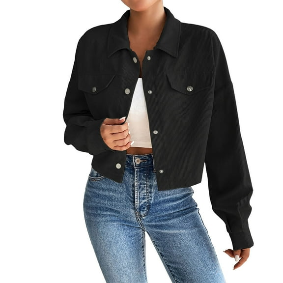 iHPH7 Corduroy Jacket Women Casual Outerwear Cropped Jacket Womens Jackets Casual Womens Shacket Going Out Jackets for Women Black L