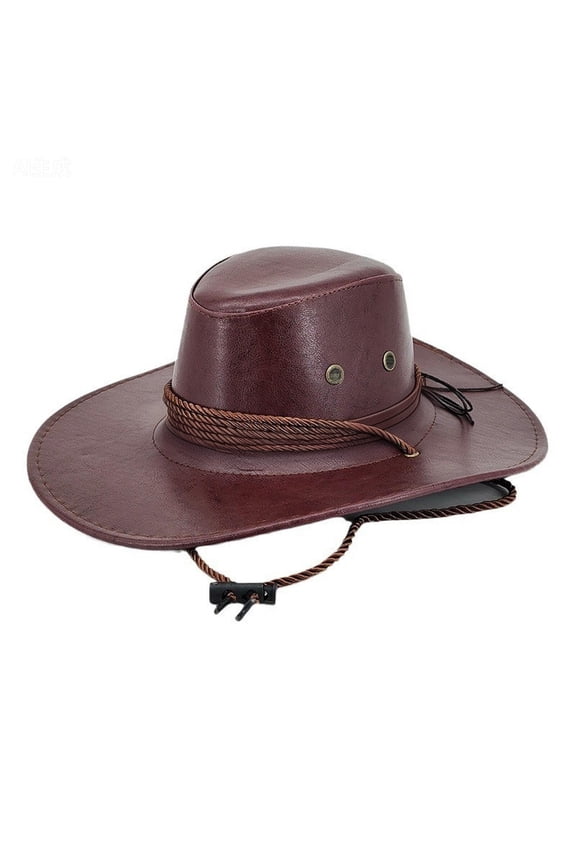 Cowboy Hat Western Fedora Hat Faux Leather Cowboy Sun Cap Wide Brim Travel Hat with Neck Cord for Outdoor Wear Wine One Size