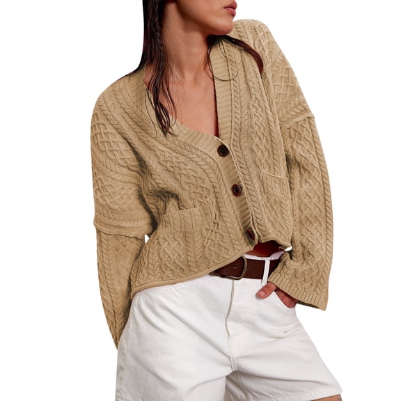 iHPH7 Cropped Cardigan Cable Knit Cardigan Women Knits Clothing Travel Sweater Cropped Sweater Fall Cardigans for Women Fall Clothes Khaki XL