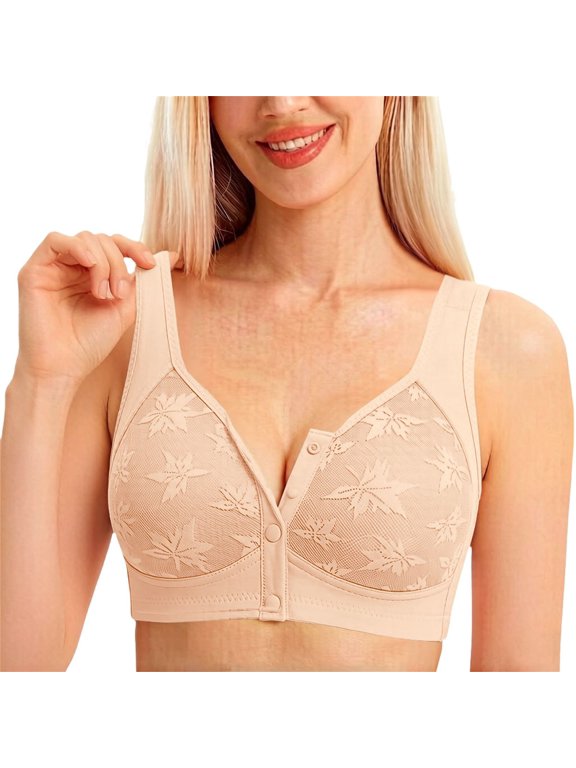 Daisy Bras for Older Women Padded No Underwire Snap Front Closure Full Coverage Comfort Senior Wireless Bralettes Beige 3XL