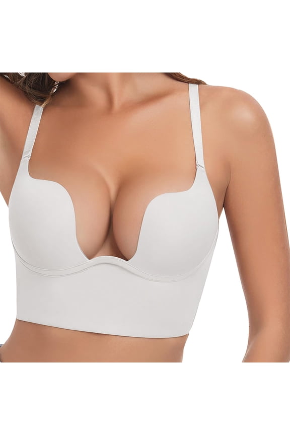 Deep U Plunge Bra for Women Low Back Backless Bras Seamless Push Up Invisible Bralette for Wedding Party Dress Convertible Underwear White A