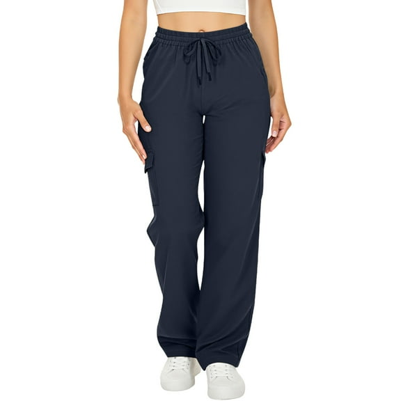 iHPH7 Drawstring Pants Women Baggy Cargo Pants Women Straight Leg Sweatpants for Women Track Pants Women Elastic Waist Pants for Women Womens Cargo Pants Streetwear Navy L