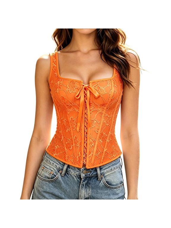 Elegant Front Tie Lace Bustier Top for Women Wide Strap Corset Fashion Clubwear Renaissance Statement Orange M