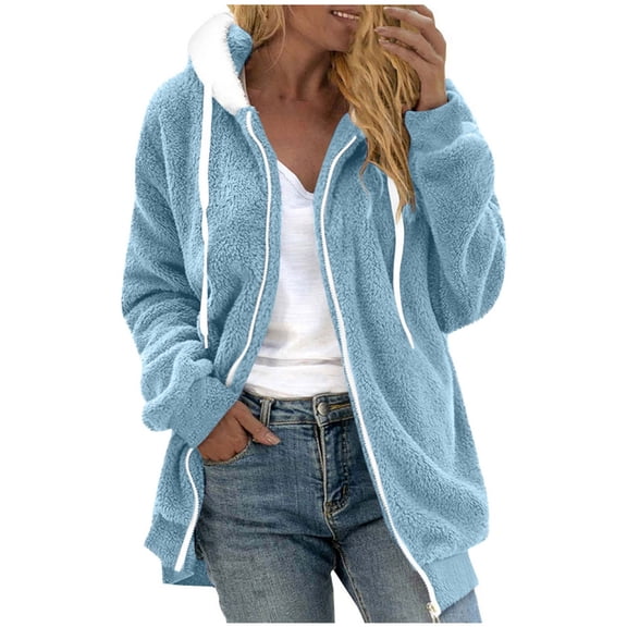 iHPH7 Fleece Jacket Warm Jackets for Women Teddy Jacket Women's Outerwear Sherpa Jacket Women Fuzzy Fleece Jacket Women Casual Outerwear Light Blue L