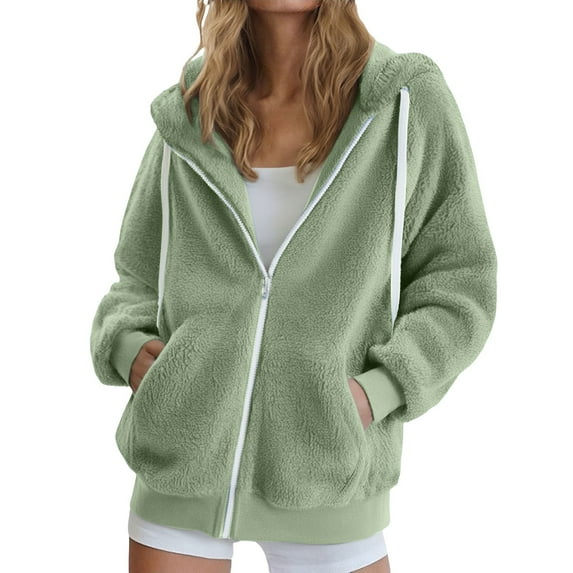 iHPH7 Fleece Jacket Women Casual Outerwear Teddy Coat for Women Sherpa Jacket Women Womens Fleece Zip Up Jacket Fleece Hoodie Winter Clothing for Women Green L