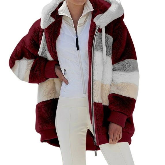 iHPH7 Fleece Jacket Women Teddy Jacket Women Hooded Jacket Women's Outerwear Winter Jackets for Women Warm Jackets for Women Sherpa Fleece Jacket Women Wine 5XL