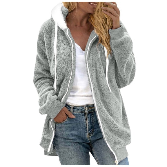 iHPH7 Fleece Jacket Women Zip Up Jackets for Women Fleece Jacket Women Full Zip Fuzzy Fleece Jacket Women Hooded Jacket Women Teddy Jacket Women's Outerwear Gray XXL