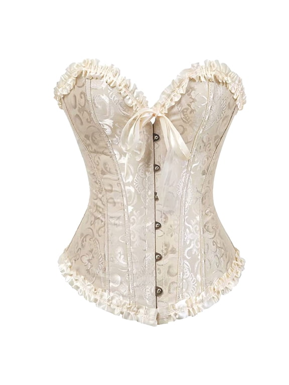 Floral Lace Up Overbust Corset Top Women's Victorian Boned Bustier Waist Cincher Shapewear Khaki M