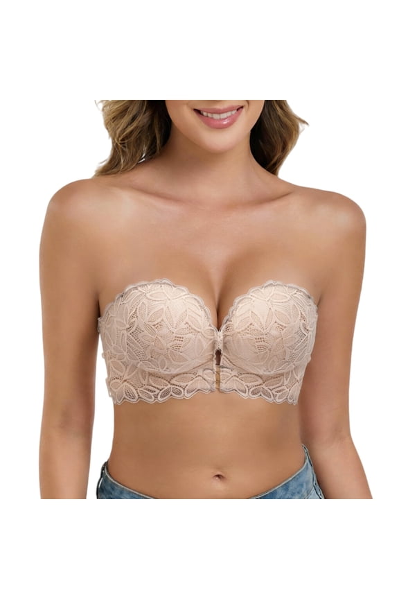 Front Closure Strapless Push Up Bra for Women Convertible Lace Deep V Underwire Anti-slip Invisible Bridal Wedding Party Dress Bra Beige M