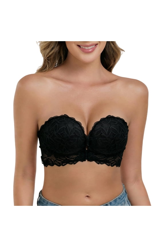 Front Closure Strapless Push Up Bra for Women Convertible Lace Deep V Underwire Anti-slip Invisible Bridal Wedding Party Dress Bra Black M