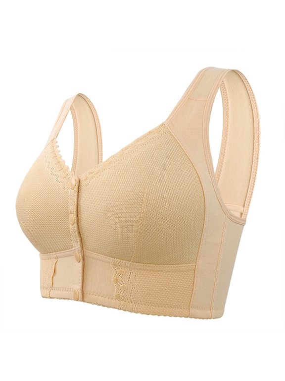 Full Coverage Front Closure Bras for Older Women Wirefree Daisy Lounge Bra Beige 58