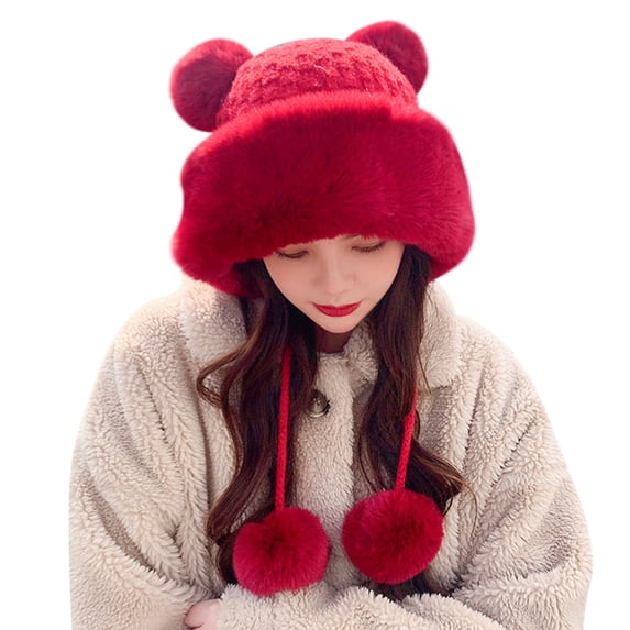 iHPH7 Fuzzy Hat Warm Beanie Snow Hats for Women Winter Hats for Women Cold Weather Fuzzy Beanie Faux Fur Hat Fluffy Hat Red One Size