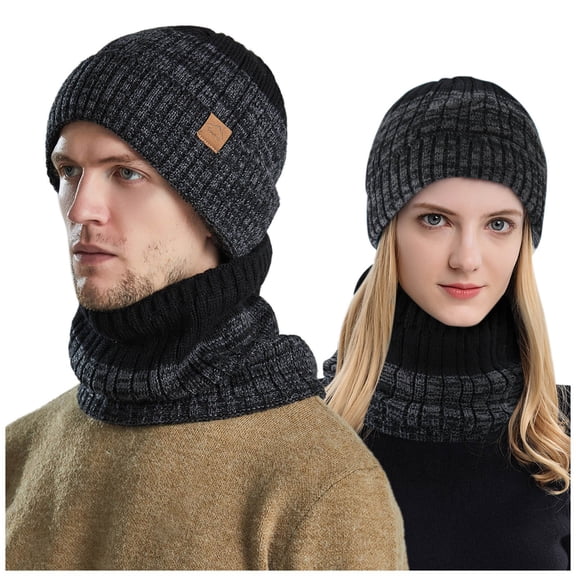 iHPH7 Hat and Scarf Set Knit Hat Skull Cap Warm Beanie Knit Beanie and Scarf Set Warm Neck Gaiter Black One Size