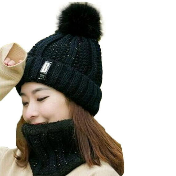 iHPH7 Hat and Scarf Set Knit Hat Warm Beanie Warm Hat Winter Neck Warmer Skull Cap Hat Scarf Black One Size