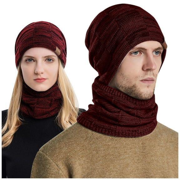 iHPH7 Hat and Scarf Set Skull Cap Warm Neck Gaiter Knit Hat Neck Warmer Knit Beanie Fleece Neck Gaiter Wine One Size