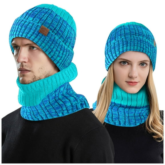 iHPH7 Hat and Scarf Set Snow Caps Warm Beanie Neck Warmer Skull Cap Knit Beanie Winter Neck Warmer Light Blue One Size