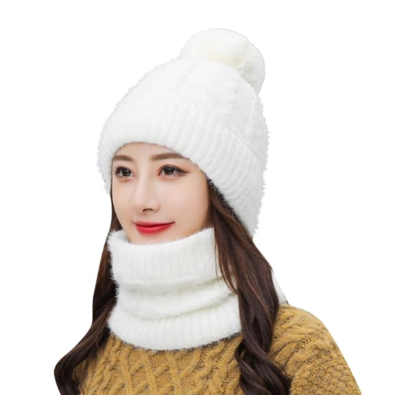 iHPH7 Hat and Scarf Set Winter Neck Warmer Fleece Neck Gaiter Snow Caps Warm Hat Skull Cap Warm Beanie White One Size