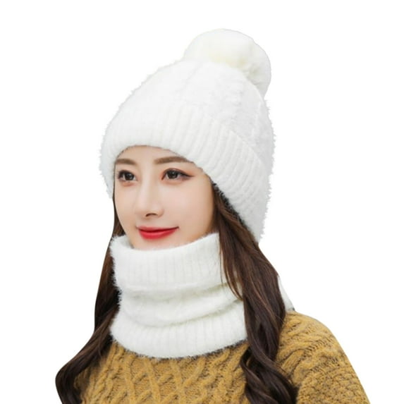 iHPH7 Hat and Scarf Set Winter Neck Warmer Fleece Neck Gaiter Snow Caps Warm Hat Skull Cap Warm Beanie White One Size