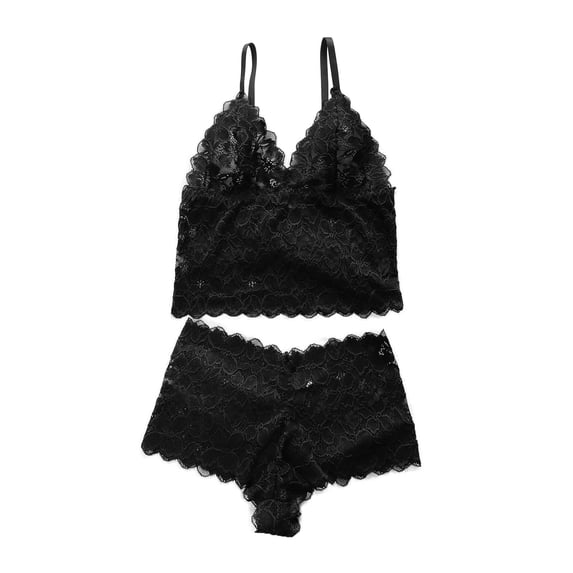 iHPH7 Lace Pajama Sets for Women 2 Piece Sleepwear Floral Lace V Neck Cami Top and Shorts Set Loungewear Soft Pjs Comfy Romantic Nightwear Lounge Suits Black L