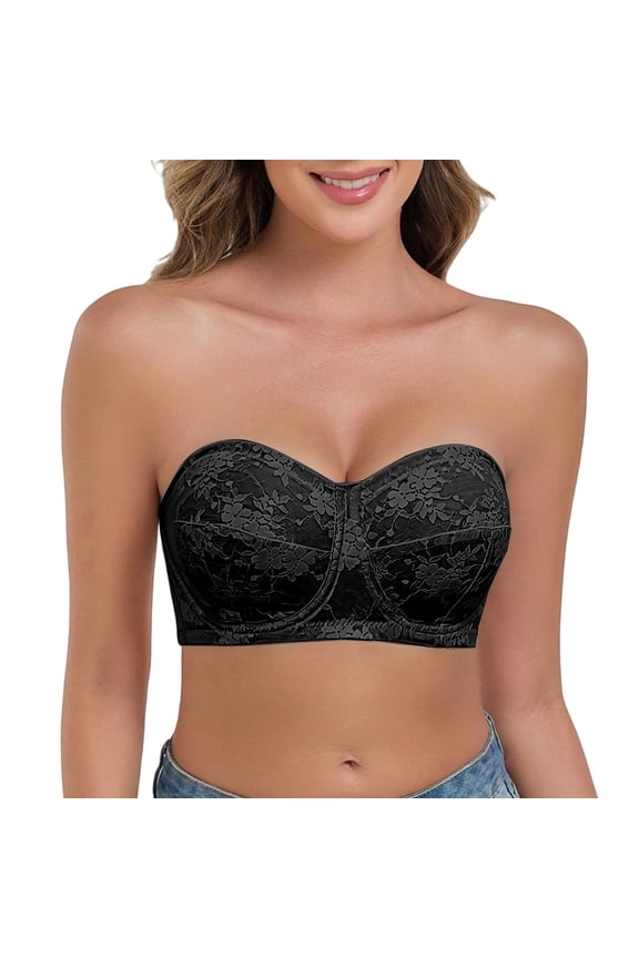 Lace Strapless Bra for Women Underwire Balconette Push Up Support Anti-slip Floral Invisible Bridal Wedding Party Dress Daily Bralette Black 42