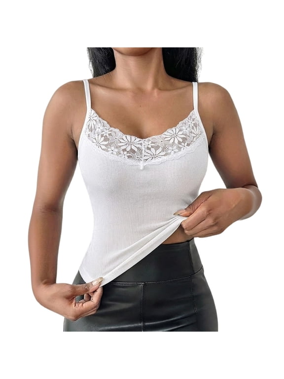 Lace Trim Camisoles for Women V Neck Tank Tops Ribbed Cami Spaghetti Strap Sleeveless Shirts Basic Undershirts Casual Slim Fit Summer Daily Layering Top White L