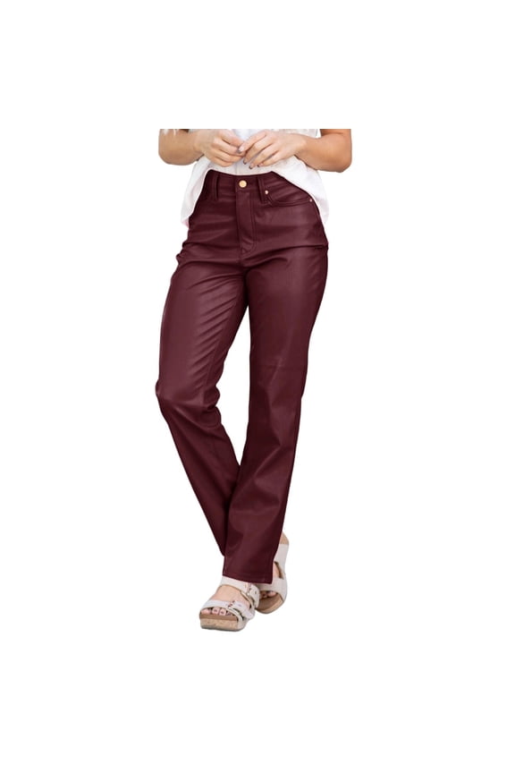 Leather Pants for Women Faux Leather Pants Pleather Pants for Women Business Casual Pants for Women PU Leather Pants Straight Leg Pants Women High Waisted Leather Pants Wine XL