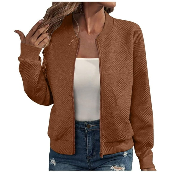 iHPH7 Light Jackets for Women Zip Up Jacket Textured Jacket Women Streetwear Women Baseball Jacket Womens Varsity Bomber Jacket Fall Outfits for Women Brown L