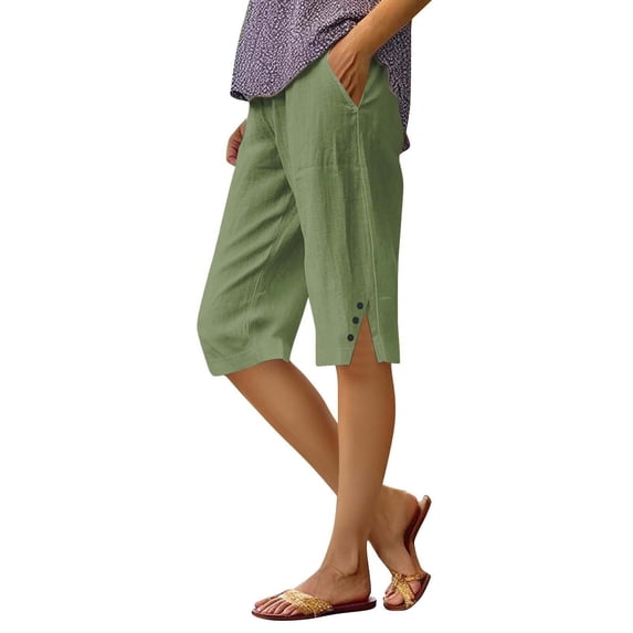 iHPH7 Linen Bermuda Shorts for Women Knee Length Summer Casual Elastic Waisted Side Split Shorts with Pockets Vacation Lounge Pants (S-5XL)