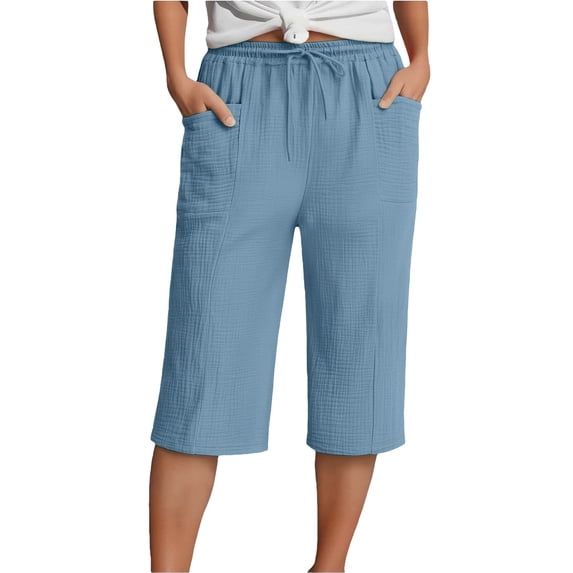 iHPH7 Linen Bermuda Shorts for Women Knee Length Summer Casual Elastic Waisted Side Split Shorts with Pockets Vacation Lounge Pants (S-5XL)