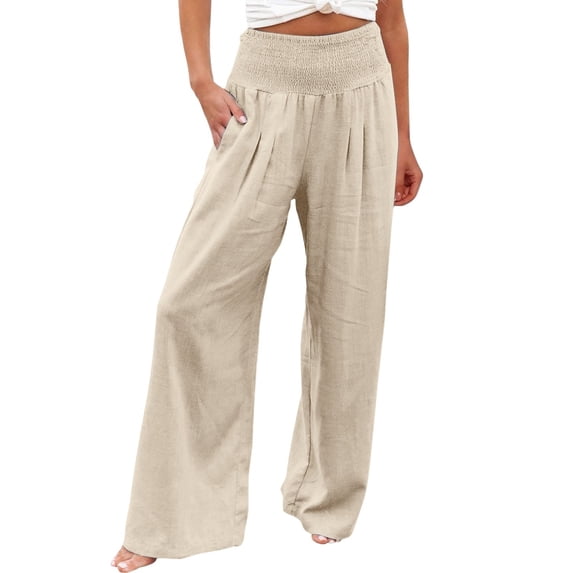 iHPH7 Linen Clothing for Women Summer High Waisted Cotton Linen Palazzo Pants Wide Leg Long Lounge Pant High Smocked Waist Trousers with Pocket (S-XXL)