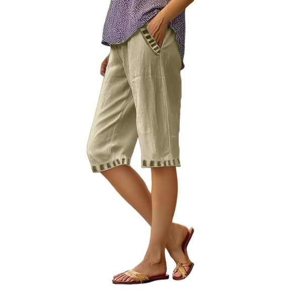 iHPH7 Linen Clothing, Womens Shorts Casual, Linen Shorts for Women, Bermuda Shorts for Women, Below the Knee Shorts for Women, Khaki XXL