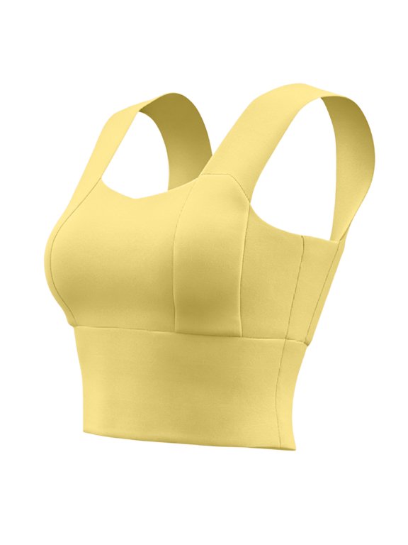 Longline Sports Bras for Women Athletic Activewear Workout Crop Tops Square Neck Padded Yoga Bra High Support Wirefree Cami for Gym Fitness Running Daily Yellow XXL